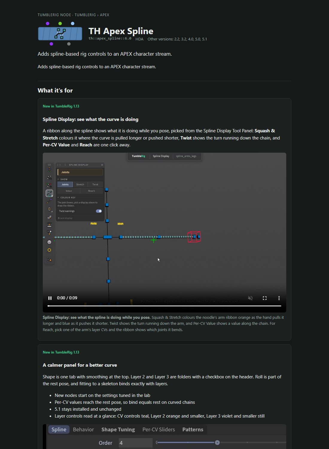 A docs page. apex_spline 6.0's page: what the node is for, with the pictures and clips from the release pages. The book in the tool header opens the same page in a floating window.