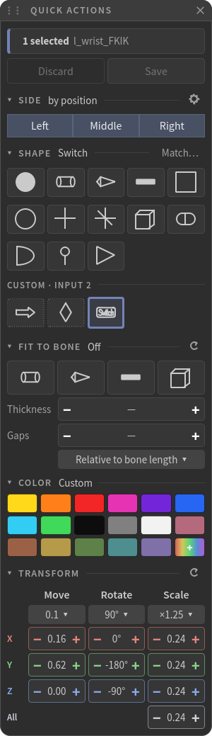 The lettered shape is a tile like any other. With l_wrist_FKIK selected the Quick Actions strip reads Shape Switch, and the Switch tile is picked in the Custom row, next to the arrow and the diamond from the same input.
