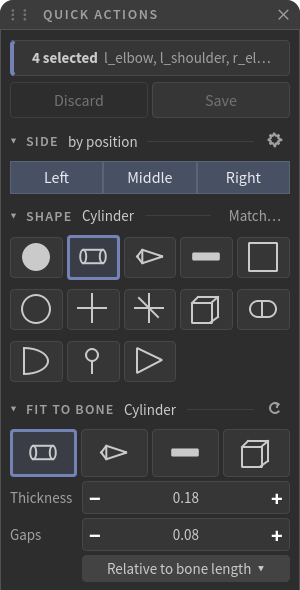 Fit to Bone for four arm controls. Cylinder picked, Thickness 0.18 and Gaps 0.08 as centred step fields.