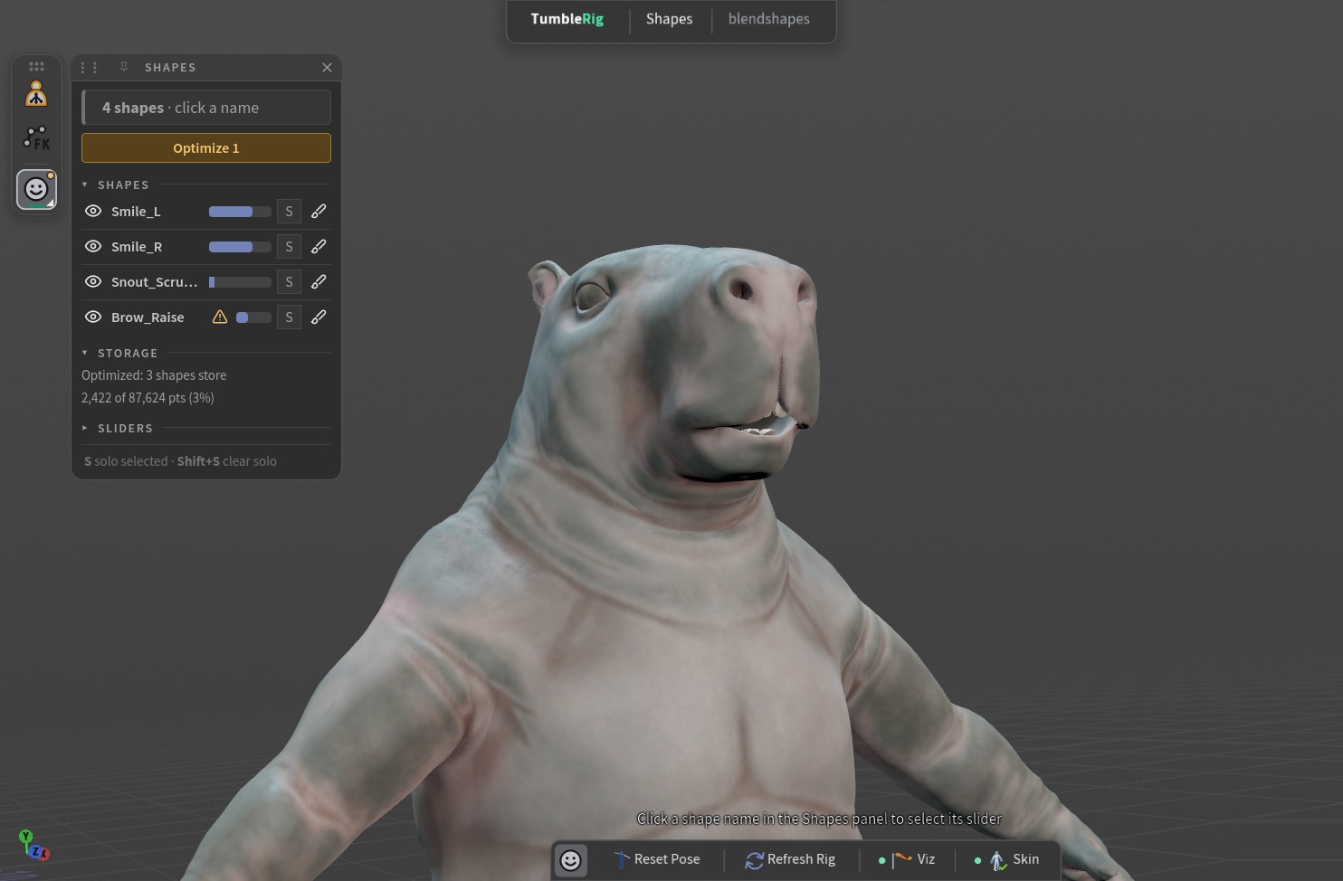 Shapes tool in Animate. The Shapes panel opens beside the icon bar while the capybara smile and brow sliders are posed; one shape still waits to be optimized.
