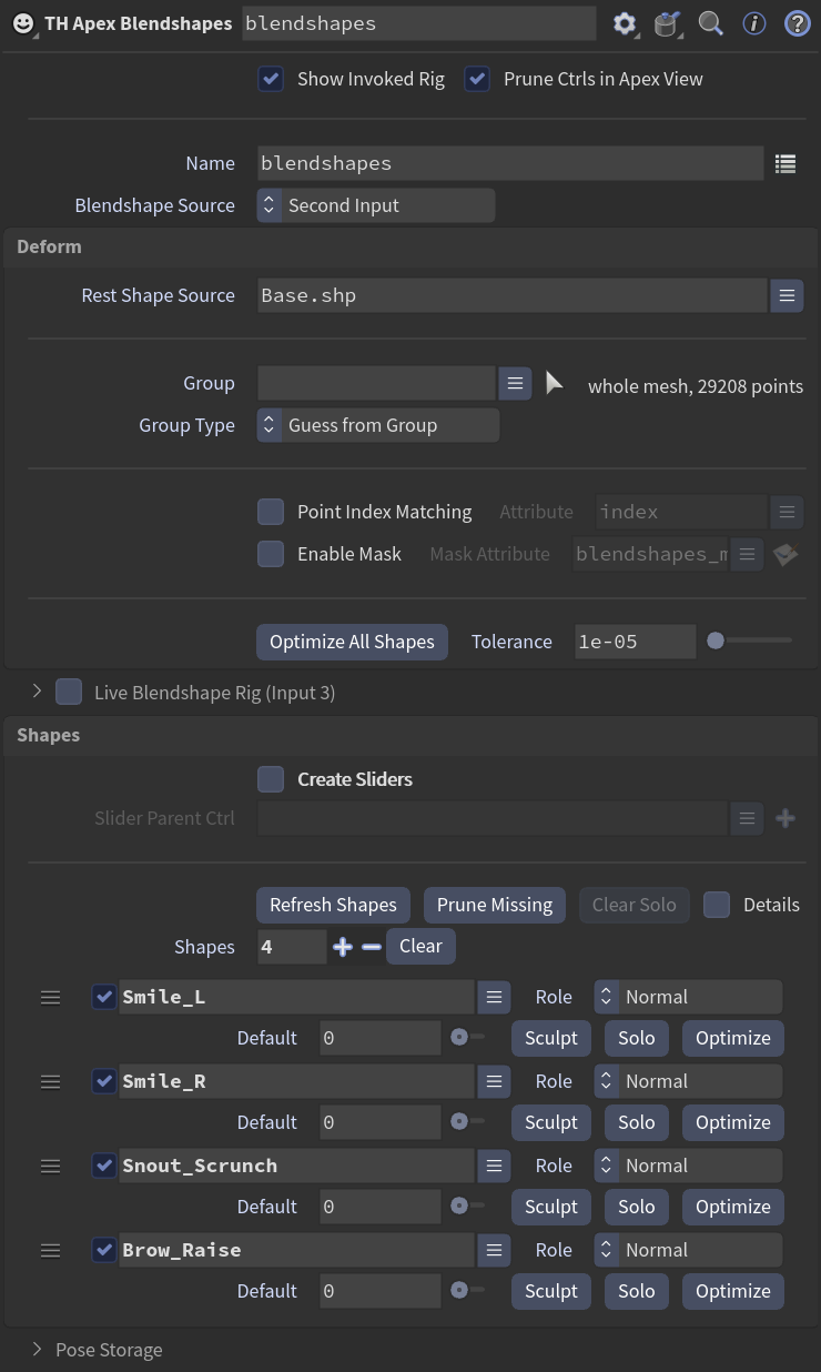 Optimize is a button, not a setting. Deform ends with Optimize All Shapes and its Tolerance, every shape row has its own Optimize next to Sculpt and Solo, and Padding, Bake and the Optimize toggle are gone.