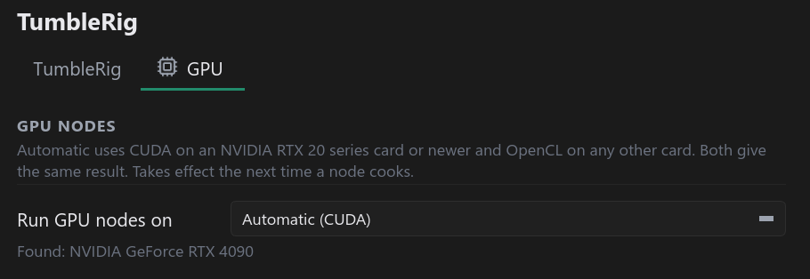 One menu for every GPU node. Automatic names what it picks on this machine; the card it found is listed under the menu.