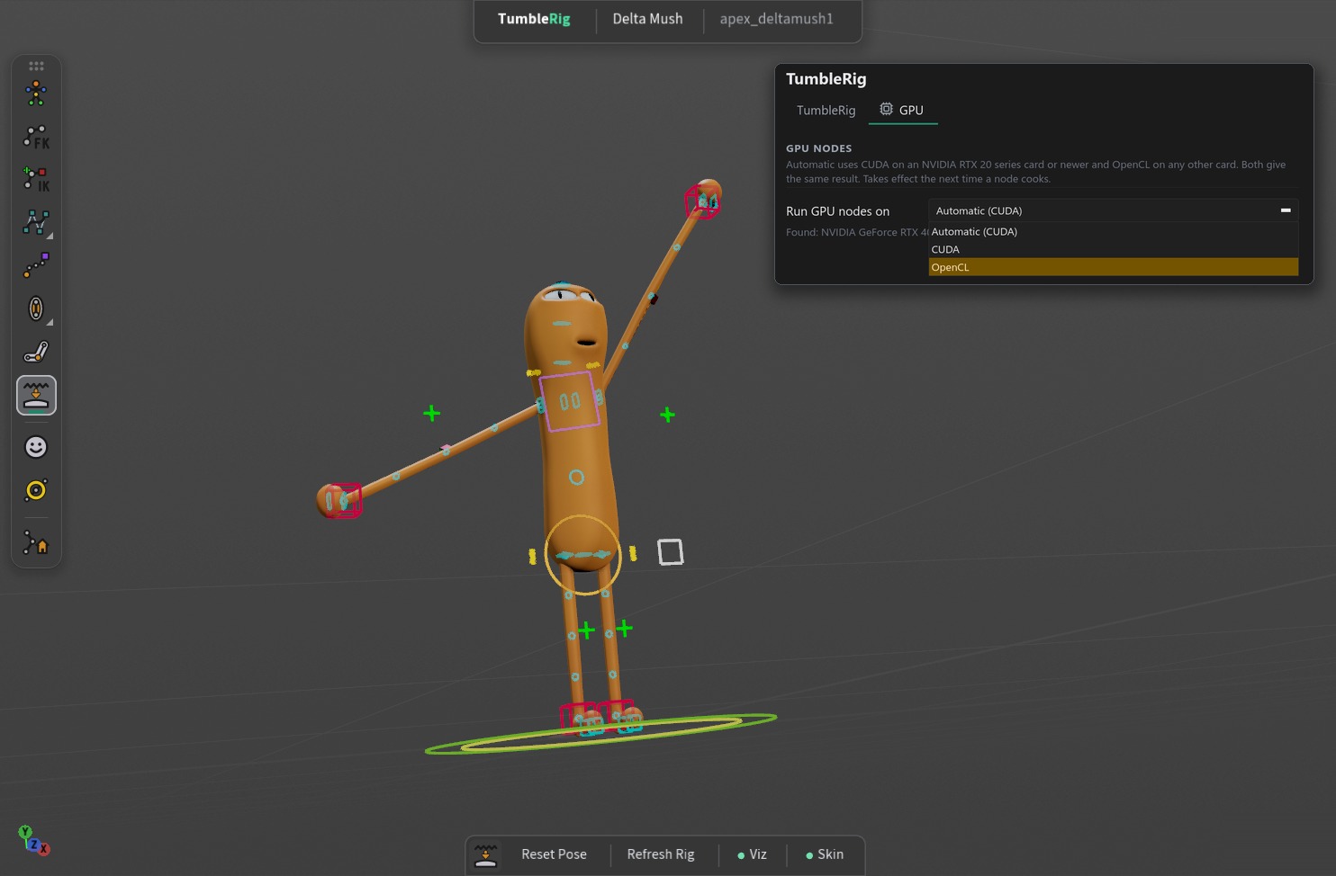 Posed on OpenCL. The noodle example with its joint capture, bone deform and delta mush running on OpenCL, picked on the GPU page of TumbleTrove Settings.