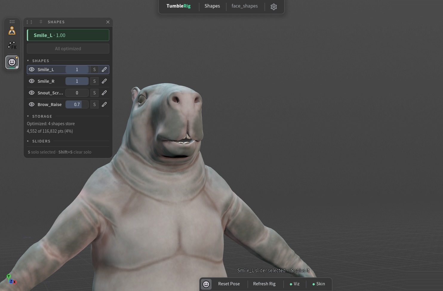 Every viewport tool gets a header, a toolbar and a panel. The capybara face in the Shapes tool: the header bar on top, the toolbar on the bottom edge with plain labels and lit Viz and Skin lamps, the floating icon bar of node tiles on the left and the Shapes Tool Panel beside it.