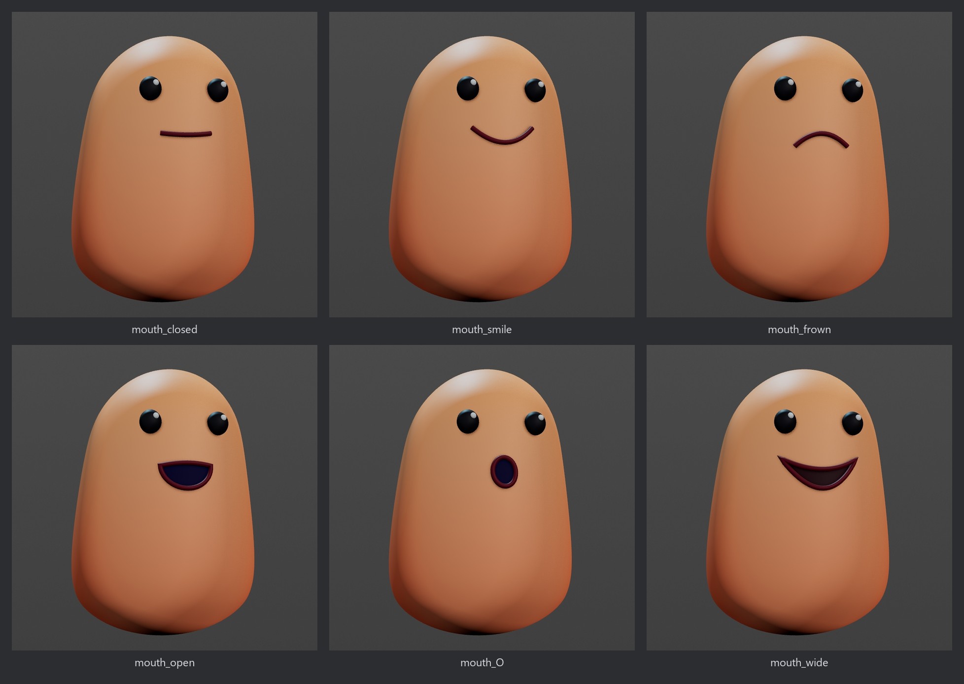 Six mouths, one switch. apex_visibility 2.0 swaps the mouth on a simple capsule character by name: mouth_closed, mouth_smile, mouth_frown, mouth_open, mouth_O and mouth_wide, from the same camera.