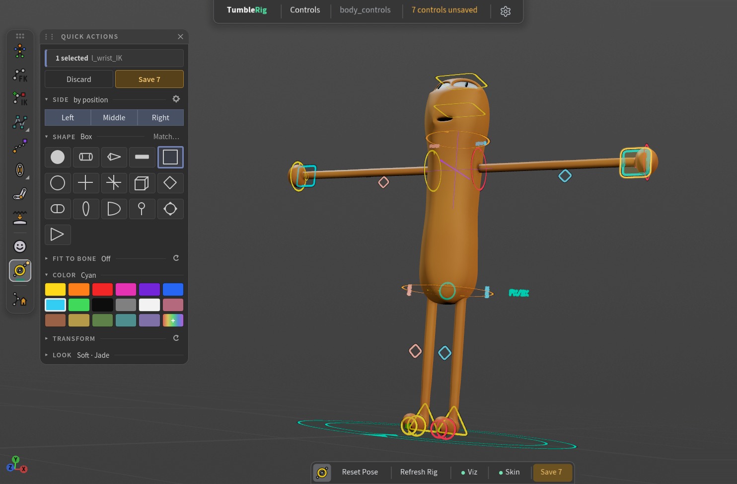 Seven controls restyled on the noodle, not saved yet. A circle on the neck and hips in orange, a purple cross on the chest, cyan boxes on the hands and yellow triangles on the feet; the header counts 7 controls unsaved and Save 7 waits in amber in the strip and the toolbar.