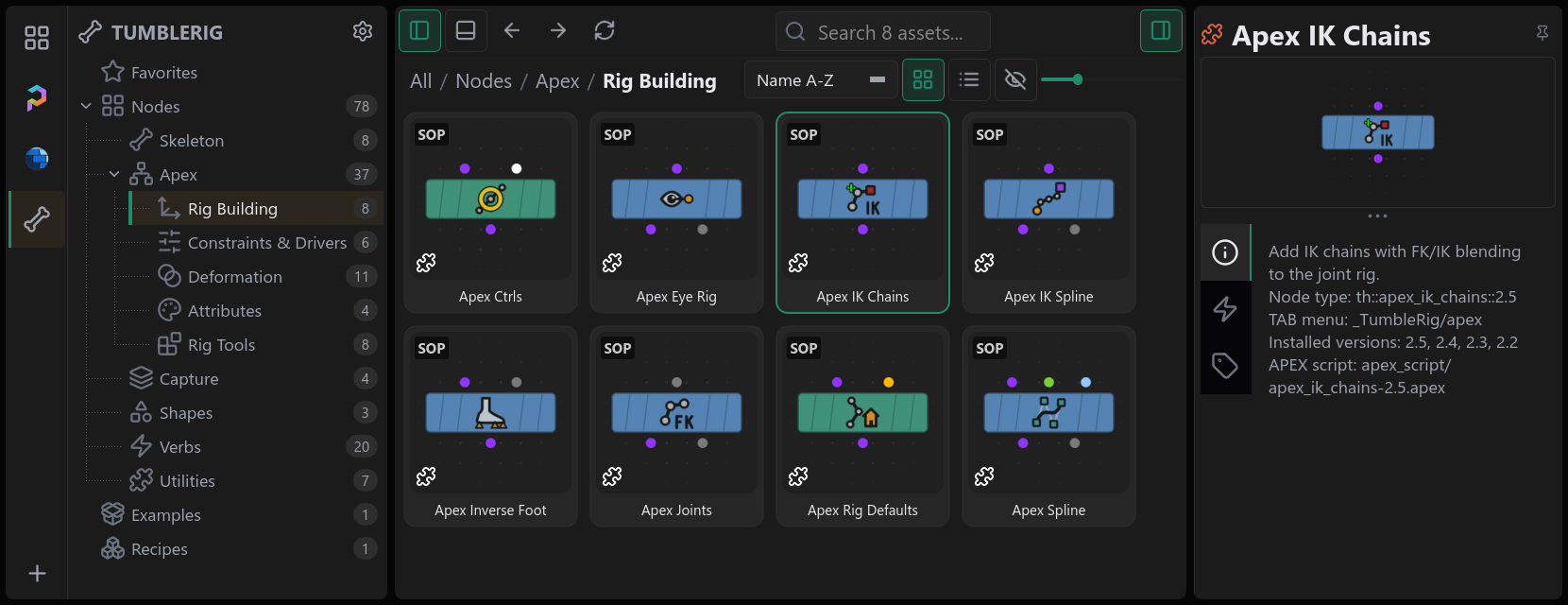 TumbleRig in the Asset Browser, drawn as nodes. Each card shows the node as it looks in the network: its colour, its icon and its inputs and outputs. Here the Nodes section is open at Apex > Rig Building, with Apex IK Chains selected and its details on the right.