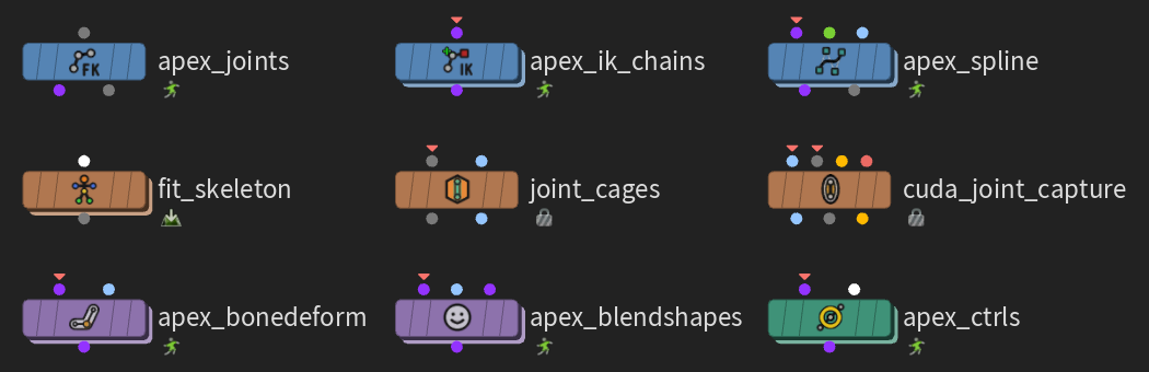 Nine free TumbleRig nodes in the new palette. Rig builders in blue, build utilities in clay, deformers in violet and controls in green, each with an icon that draws the controls the node builds.