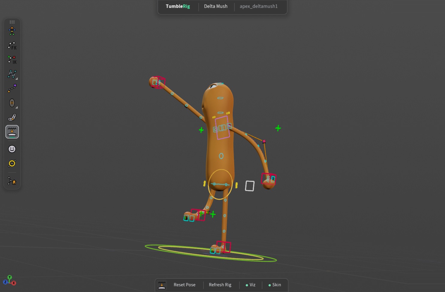 The noodle example in the Animate state. Posed through its controls: one hand reaching forward, the other swinging back, the chest twisting, the head turned and a knee lifted in a step. The FK boxes now show at their fixed size.