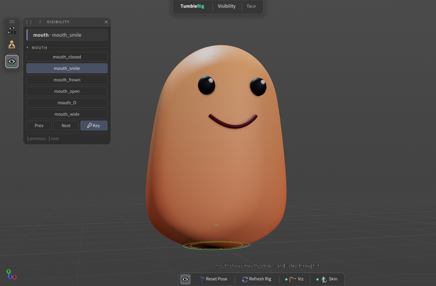The Visibility panel lists every mouth by name. Click mouth_smile and the capsule smiles; the lit row, the header and the hint line all name what is showing.