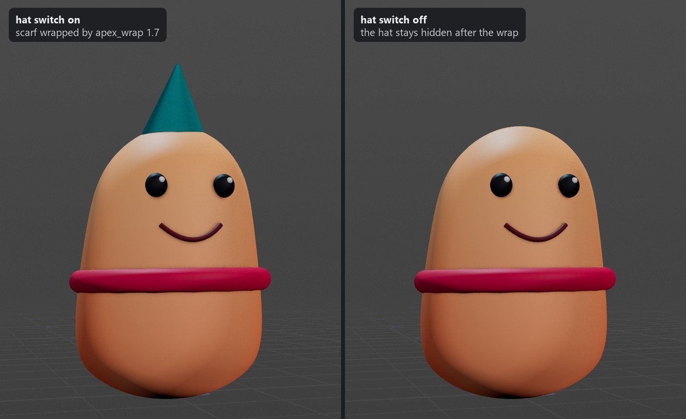 Hidden stays hidden through apex_wrap. The capsule's party hat is switched off by apex_visibility; a scarf is wrapped onto the body further down the chain by apex_wrap 1.7, and the hat stays hidden.