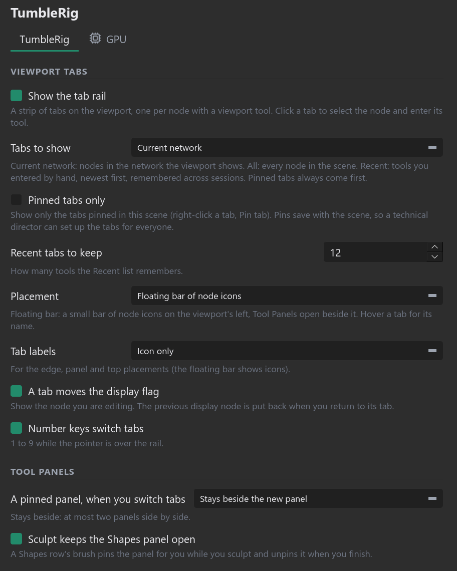 Every option is a setting. TumbleRig page in TumbleTrove Settings: which tabs show, where the bar sits, what tab labels read, and how pinned Tool Panels behave.