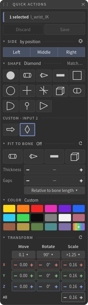 Quick Actions on the new kit. Rounded panel, centred values in the Move / Rotate / Scale steppers, and the custom diamond picked for the selected wrist control.