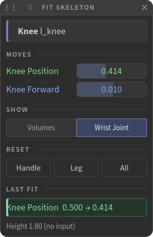 Fit Skeleton with the knee handle picked. Knee Position and Knee Forward are fields with a bar that shows where the value sits; Last Fit appears once a value changes.