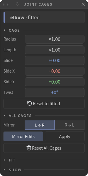 Joint Cages with a cage picked. Radius, Length, Slide, Side X / Y and Twist are Blender-style fields: drag to scrub, the value centred.
