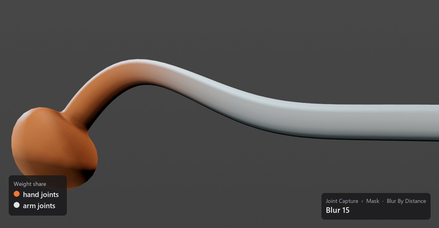 Mask Blur 15, Blur By Distance. The hard edge becomes a soft blend and the forearm bends smoothly.