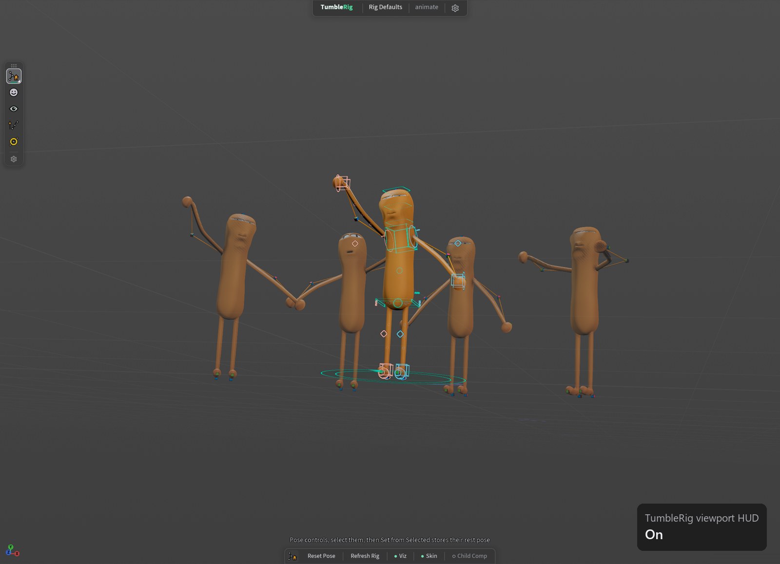 TumbleRig viewport HUD: On. The tab bar, and the running tool's header, hint line and toolbar.
