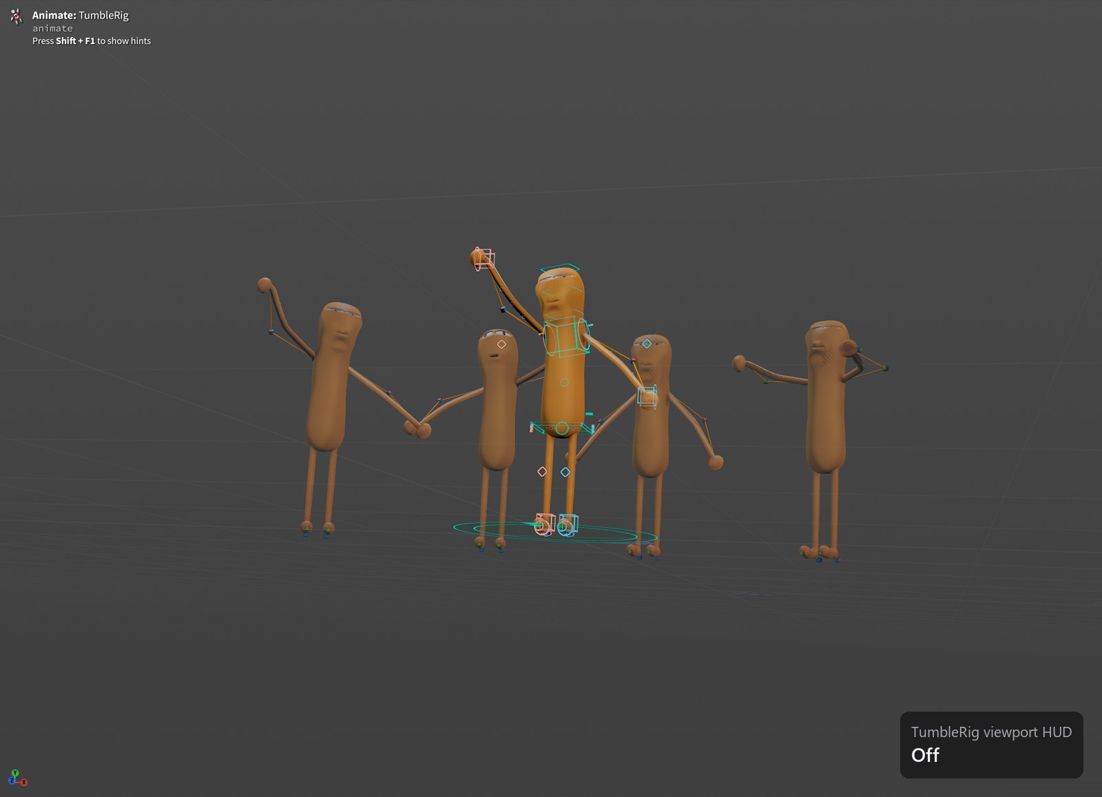 TumbleRig viewport HUD: Off. No tab bar, header or toolbar; Houdini's own state HUD is back and the controls still work.