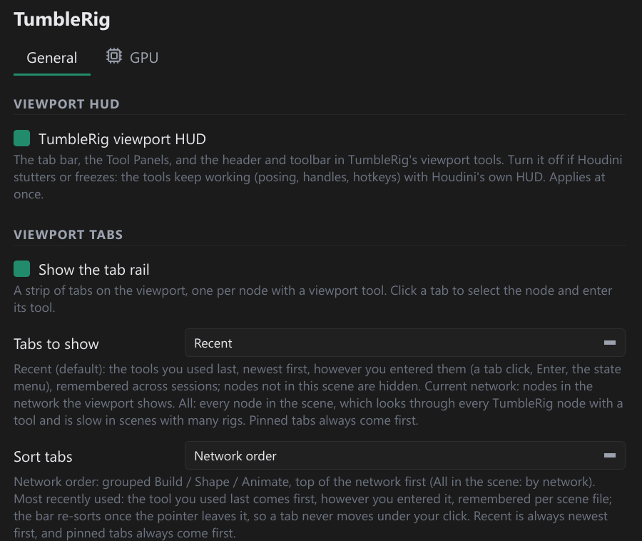 The switch. TumbleTrove Settings, TumbleRig, General: TumbleRig viewport HUD first, Viewport Tabs below.